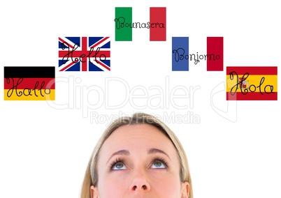 main language flags around a foreground of a young woman