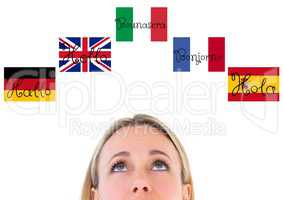 main language flags around a foreground of a young woman