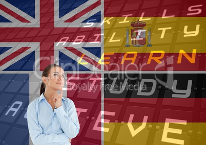 main language flags overlap with airport deliveries around woman thinking