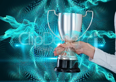 business hand with trophy. Blue lights