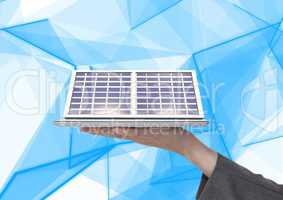 solar panel on hand technological blue and white background