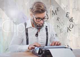 Hipster man  on typewriter with letters