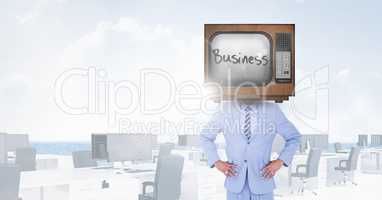 TV on businessman's head with business written on screen