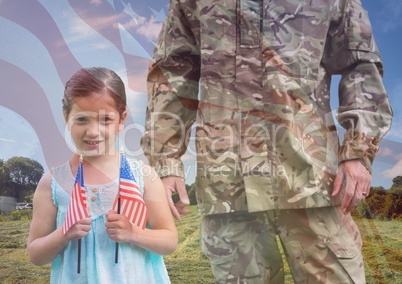 soldier and daughter overlap with usa flag