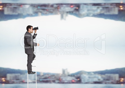 Businessman looking far away with binoculars close to a city