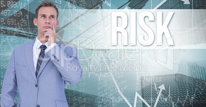 Digital composite image of thoughtful businessman standing against risk text and graphs