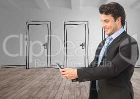 Digital image of businessman holding mobile phone with doors standing on hardwood floor