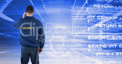 Rear view of security guard facing text background