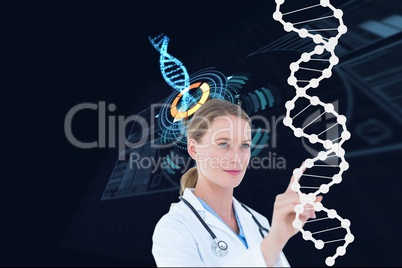 Woman doctor watching DNA graphics