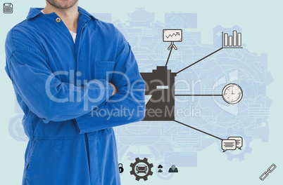 mechanic with arm crossed against icons