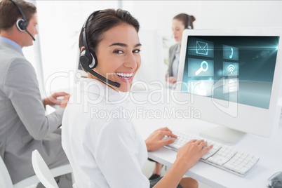 Woman model wearing a micro headset against call center background