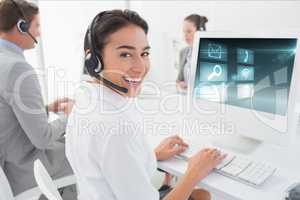 Woman model wearing a micro headset against call center background