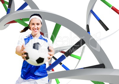 Woman with soccer ball with different dna chains