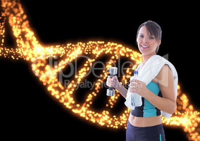 sporty woman with water and weigth with lights dna chain background