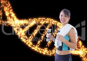 sporty woman with water and weigth with lights dna chain background