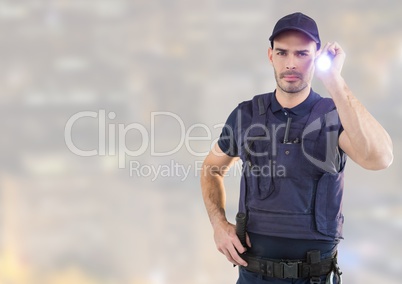 Security man outside bright background in night city