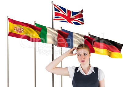 main language flags behind young businesswoman thinking