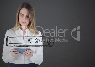 Business woman with tablet behind grey search bar against grey background