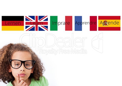 main language flags with word over girl with glasses