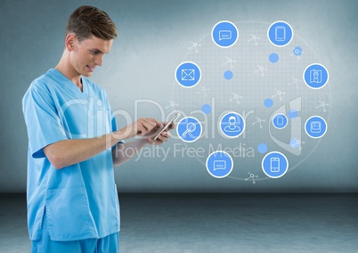 Doctor with a mobile phone with apps against grey background