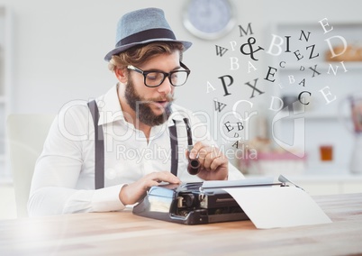 Hipster man  on typewriter in bright room with letters