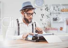 Hipster man  on typewriter in bright room with letters