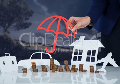 Cut outs Insurance with woman holding umbrella protection