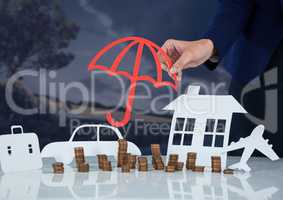 Cut outs Insurance with woman holding umbrella protection