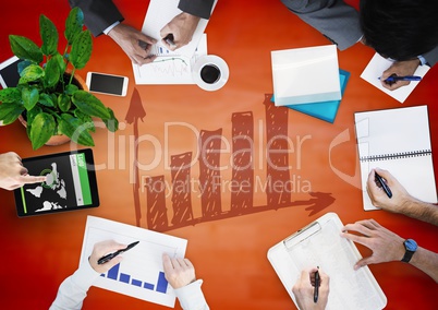 Overhead of business team with red wood panel and graph doodle