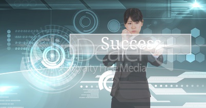 Young businesswoman standing on a chart of succes with digital background