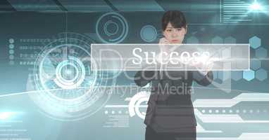 Young businesswoman standing on a chart of succes with digital background