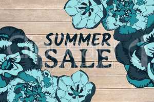 Blue summer sale text and blue flower graphics against decking