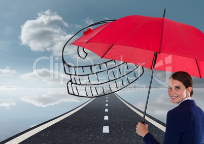 Digital image of businesswoman holding red umbrella with coins standing on road against sky