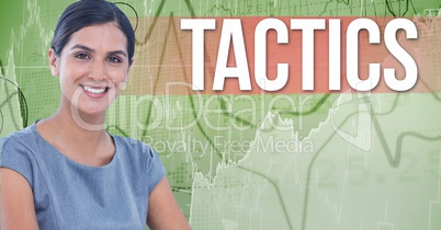 Digital image of businesswoman standing by tactics text against graphs