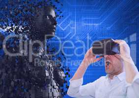 Surprised businessman using VR glasses by 3d model