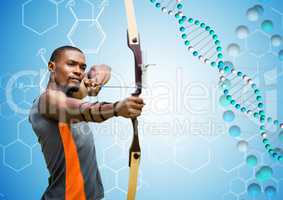Archer man with blue and white dna chain in a blue background.