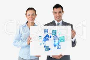 Business people holding a panel with icons against white background
