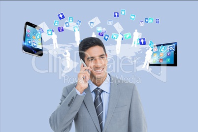 Businessman is calling against application icon, smartphone and tablet computer background