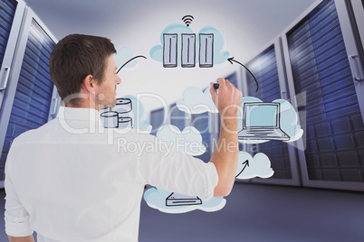 Businessman drawing in a data center