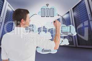 Businessman drawing in a data center
