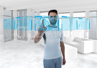 Futuristic room interface, sporty man with blue interface about human body