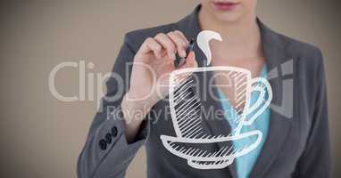 Business woman mid section with pen and white coffee doodle against brown background