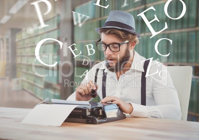Hipster man  on typewriter with letters in library