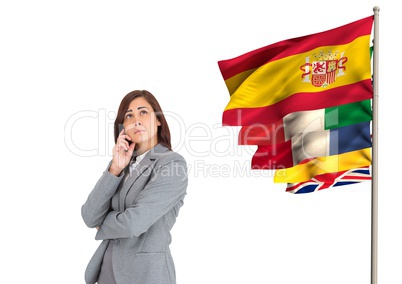 main language flags near businesswoman thinking