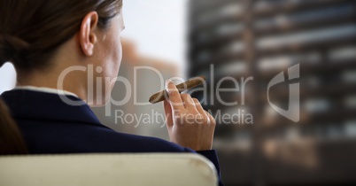 Businesswoman Back Sitting in Chair with  cigar and  buildings