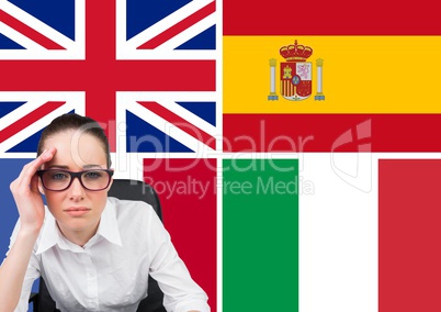 main language flags behind overwhelmed young woman