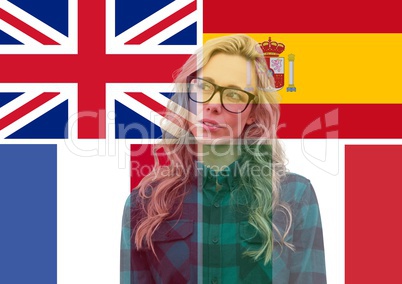 main language flags and young woman overlap