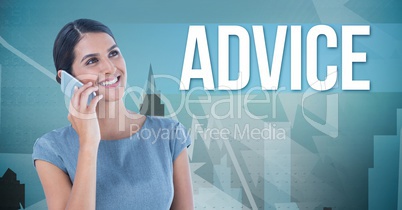 Businesswoman calling with a blue background with  advice written