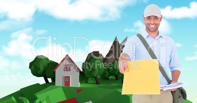 Casual man giving yellow paper