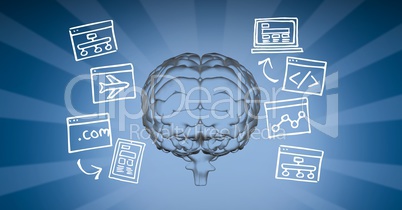 Digital image of brain surrounded with various symbols against blue background